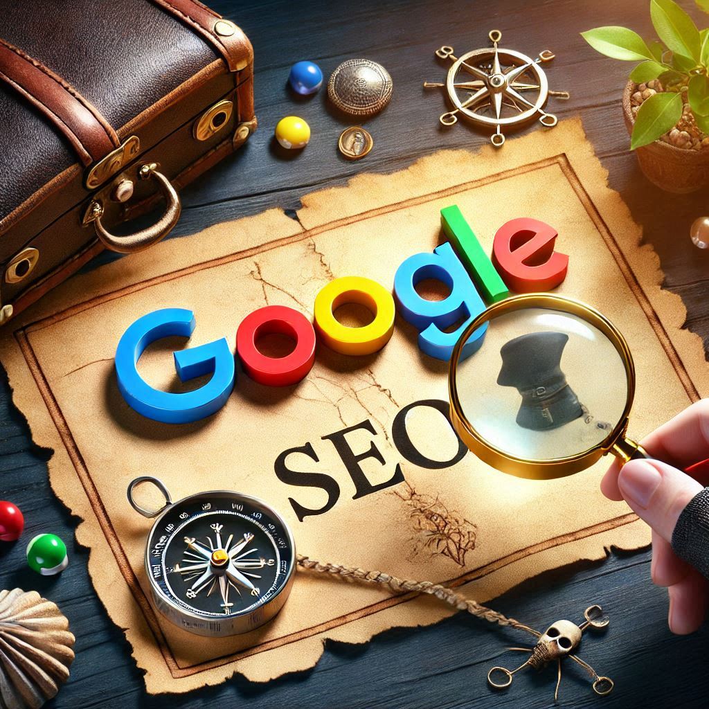 a treasure map with a leading path to a Google G logo and a magnifying glass held over the words SEO