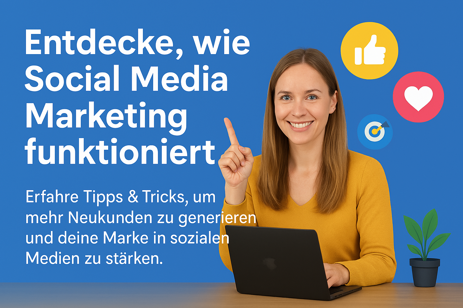 Lächelnde Frau in gelbem Pullover sitzt an einem Laptop auf einem Schreibtisch, daneben eine Zimmerpflanze. Im Hintergrund blaue Fläche mit weißem Text: 'Entdecke wie Social Media Marketing funktioniert! Erfahre Tipps & Tricks, um mehr Neukunden zu generieren und deine Marke in sozialen Medien zu stärken.' Umgeben von farbigen Social-Media-Symbolen