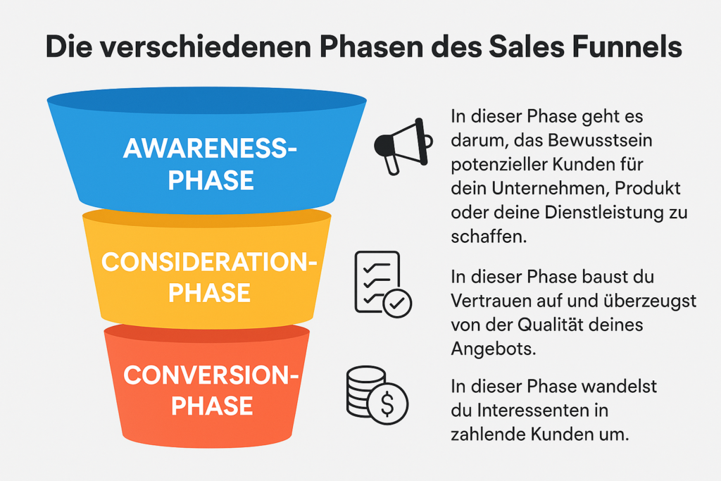 Infografik auf Deutsch mit drei farblich abgetrennten Phasen des Sales Funnels: Awareness (blau) mit Fokus auf Sichtbarkeit durch Marketing, Consideration (orange) mit Vertrauensaufbau durch Bewertungen und Inhalte, und Conversion (rot) mit Angeboten zur Kaufentscheidung. Jede Phase ist mit Icon und kurzer Beschreibung dargestellt